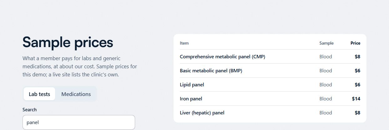 Demo price list searched for panel: five lab panels from $6 to $14.